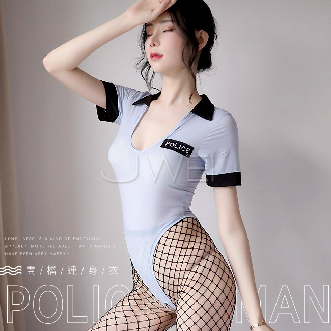 趁愛狙擊.開襠高衩連身警察角色扮演服(藍色)